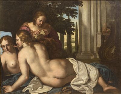 painting of three nudes in a landscape with a man and a woman
