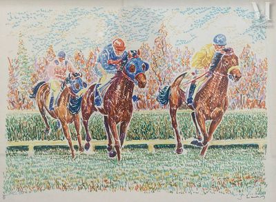 painting of a group of jockeys on horses racing down a track