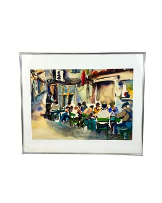 painting of a group of people sitting at a table outside a restaurant