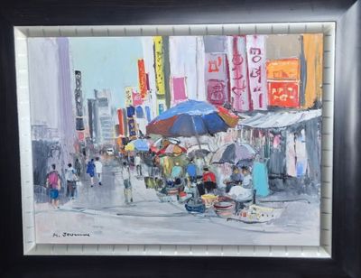une peinture de personnes marchant dans la rue avec des parapluies