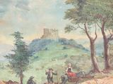 painting of a landscape with figures and a castle in the distance