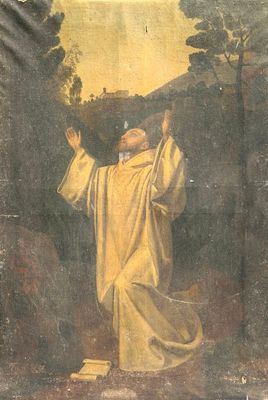 un vieux tableau représentant un homme portant une croix sur la tête