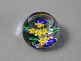 yellow and blue flowers in a glass ball on a gray surface