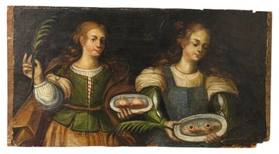 painting of two women holding plates of food in front of a white background