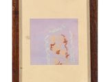painting of a woman ' s face in a frame with a purple background