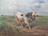 painting of a cow running in a field with a sky in the background