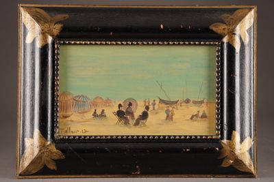 painting of a beach scene with people on the sand and a boat in the background