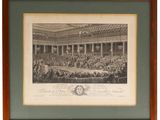 a black and white drawing of a large room full of people