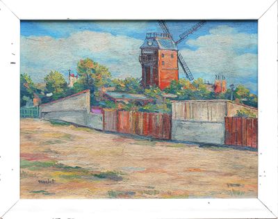 a painting of a windmill on the side of the road