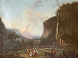 a painting of a mountain scene with people and animals