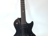 black electric guitar on stand on white background with white background
