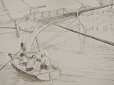 sketches of people in a boat on a river with a city in the background