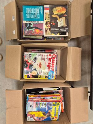 Lot de livres et magazines divers en 3 cartons