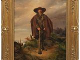 un vieux tableau représentant un homme avec un chapeau et une canne