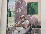 an open book with a picture of a bear sitting on a bench