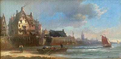 une peinture représentant un bateau sur l'eau, près d'un bâtiment