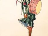 a drawing of a woman in a green dress and hat with a bag on her back