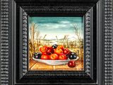 un tableau représentant des pommes et des prunes dans un bol posé sur une table