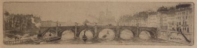 un vieux dessin représentant un pont enjambant une rivière, avec un bâtiment en arrière-plan