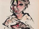 un dessin à l'encre représentant une femme tenant un bébé dans ses bras