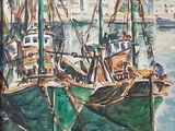 painting of boats docked in a harbor with buildings in the background