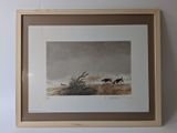 painting of a dog running in the snow in a frame on a wall