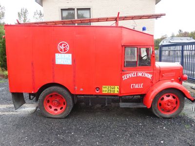 a red truck parked in front of a building