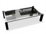 table basse en verre avec des pieds noirs et un plateau en verre