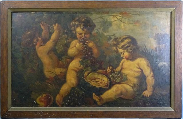 École Française 19ème « Amours et raisins ». Huile sur toile cont