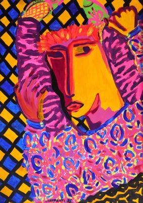 an image of a painting of a woman with a bird on her head
