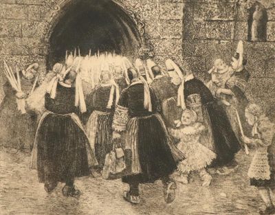 dessin d'un groupe de personnes devant un bâtiment