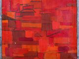 une peinture représentant une ville avec un ciel rouge en arrière-plan