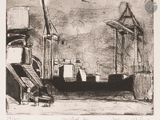 a black and white drawing of a boat in a harbor