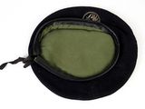 a black hat with a green lining on a white background