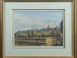 an image of a painting of a castle with a bridge in front of it