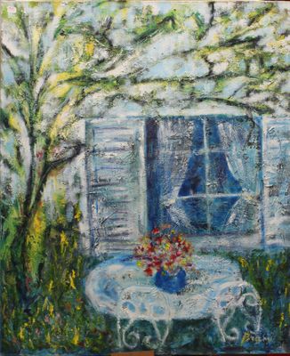an oil painting of a table with flowers on it in front of a window