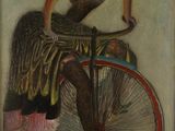 painting of a woman sitting on a bicycle with a dress on