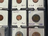 six different types of coins in a display case