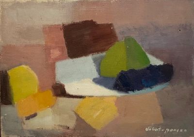 an oil painting of a plate of fruit and cheese on a table