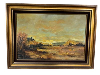 une peinture à l'huile représentant un paysage, dans un cadre doré, sur fond blanc