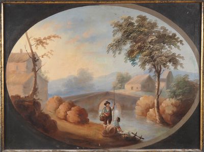 tableau représentant un homme et une femme en train de pêcher dans une rivière, avec un village en arrière-plan