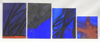 four paintings of blue, red, and black on a white background