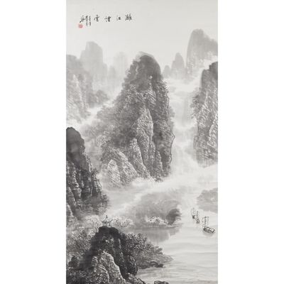 a painting of a mountain scene with a boat in the water