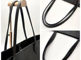 three pictures of a black bag with a wooden handle