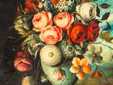 painting of a vase of flowers on a table with a blue sky in the background