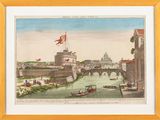 an old drawing of a city with a bridge and a river