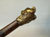 a close up view of a walking stick with an animal head on it