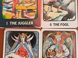 quatre cartes de tarot différentes représentant respectivement une femme, un homme, une femme et un ange