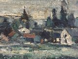 une image d'un tableau représentant un village au bord de l'eau