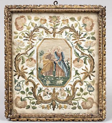 une tapisserie encadrée représentant deux femmes dans un jardin